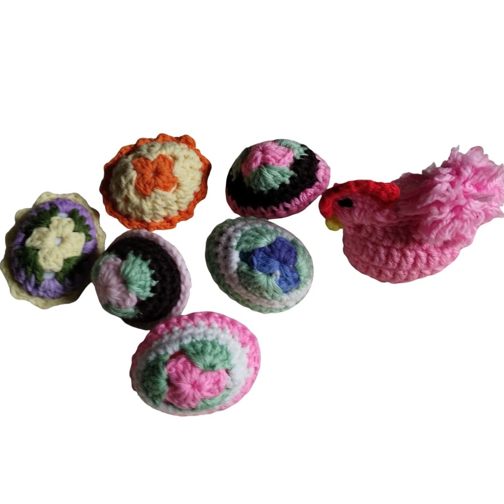 Handmade Crochet Pink Chicken Egg Cozy and Floral Egg Covers Set Farmhouse Decor